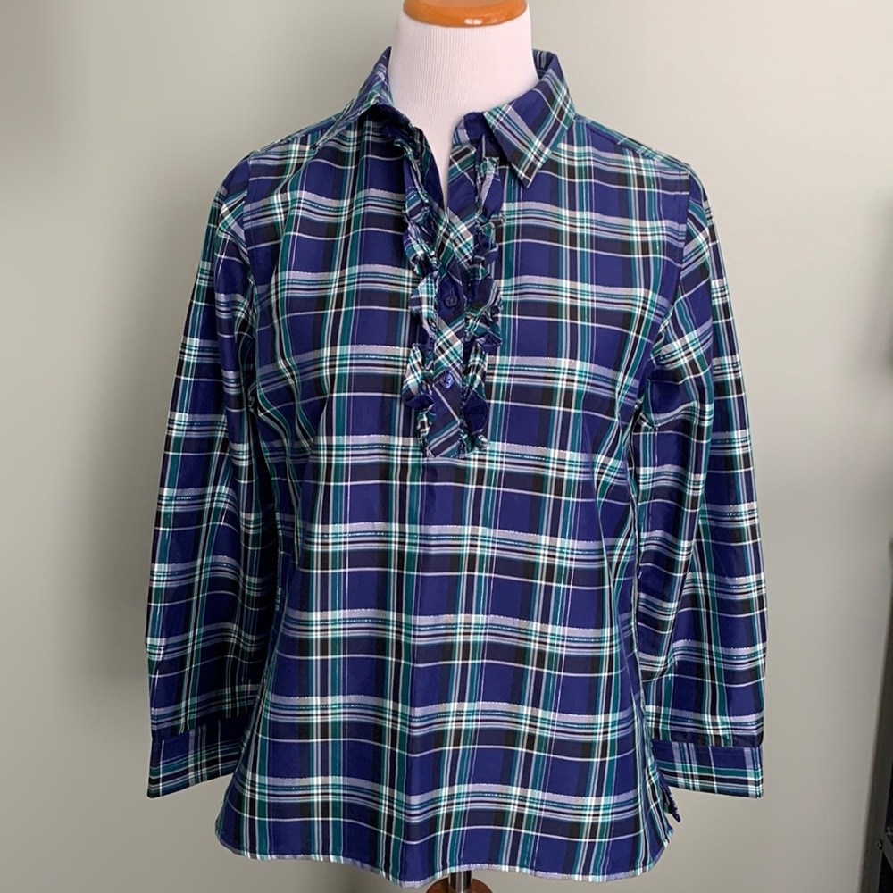 Talbots size Medium Petite women’s half button blouse in plaid